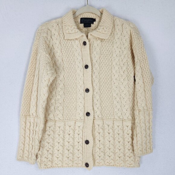 Peregrine Sweater Womens Small Cream Wool Button Front Cable Knit Fisherman - Picture 1 of 10